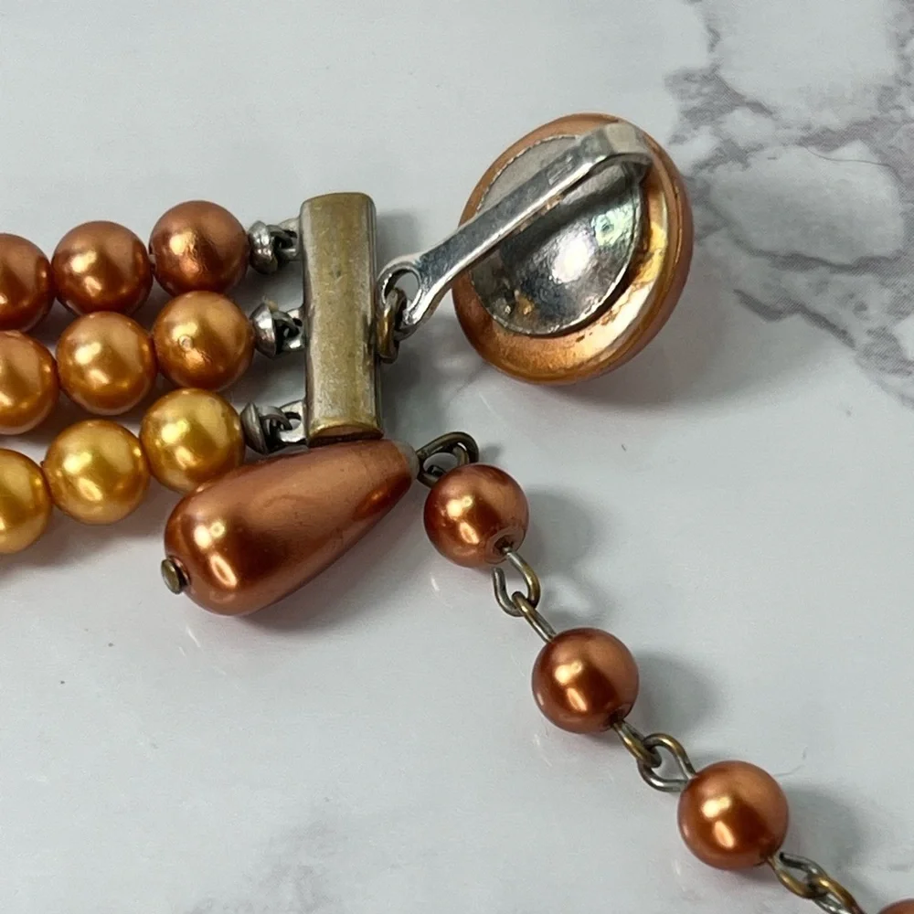 Vintage Three Strand Choker Faux PearlBrown Orange Gold Retro Glam